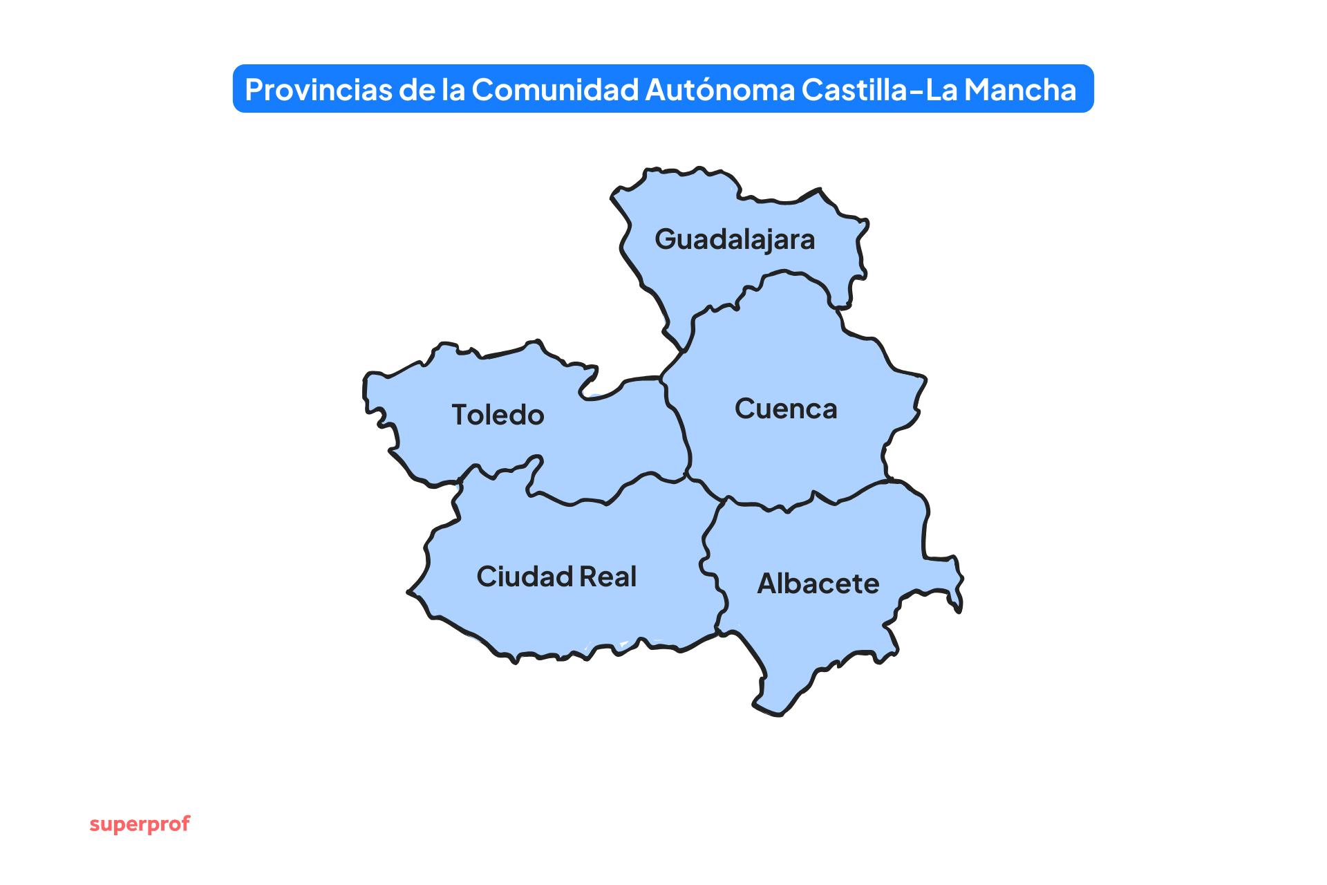 Mapa de Castilla-La Mancha, España, en el que se muestran sus provincias: Toledo, Ciudad Real, Albacete, Cuenca y Guadalajara, señaladas en azul.